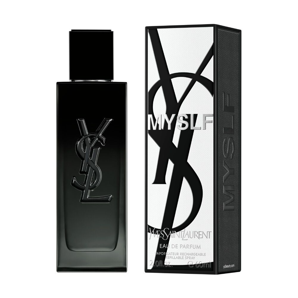 The MYSLF Eau de Parfum bottle standing next to its black outer packaging featuring a large embossed YSL logo.