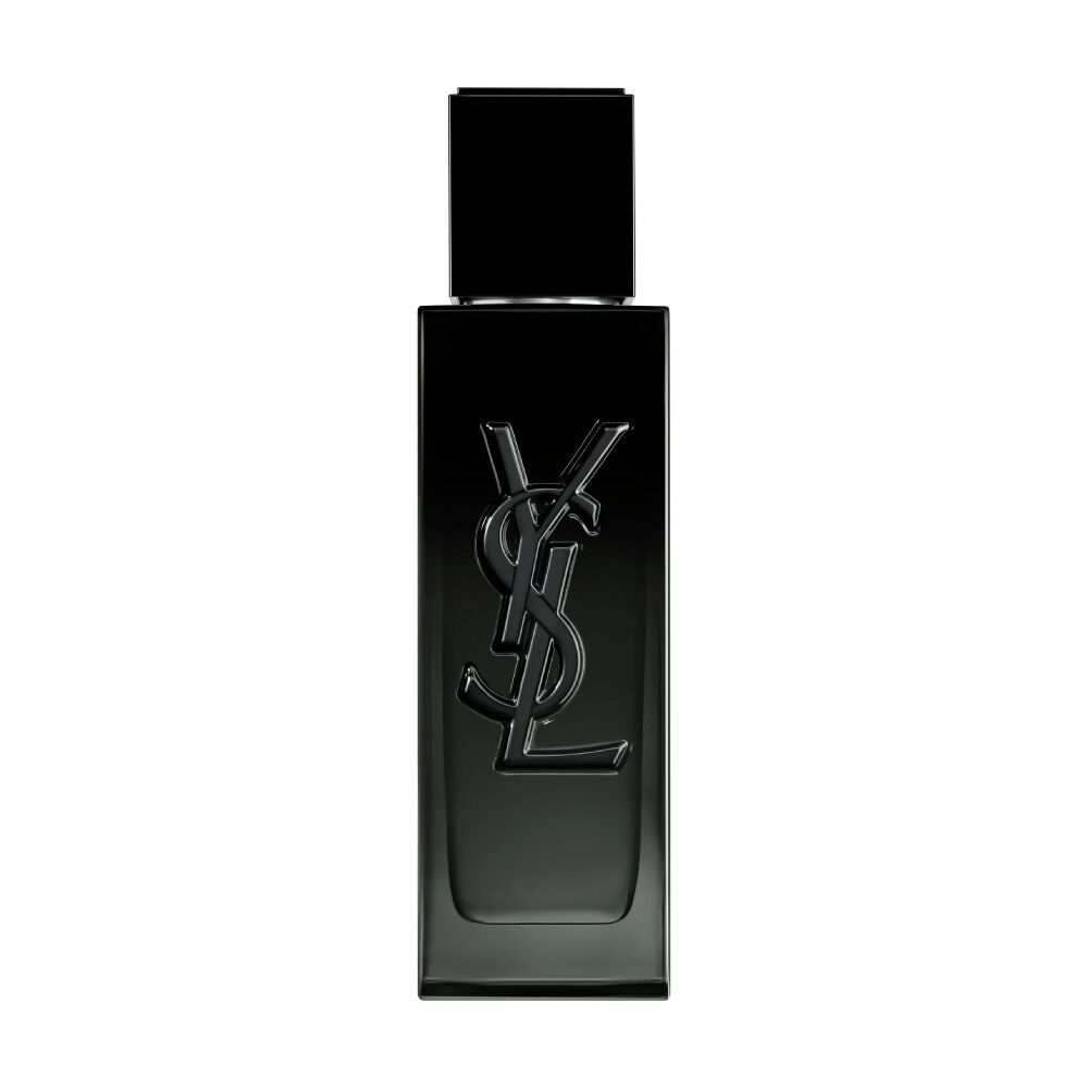 A front-facing studio photograph of the sleek, black glass MYSLF Eau de Parfum bottle.
