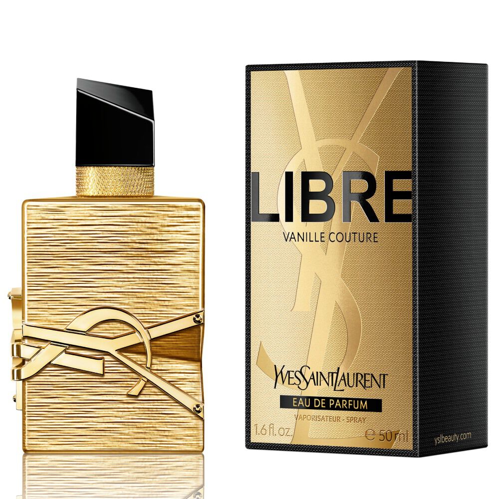 Libre Vanille Couture Eau de Parfum bottle with gold texture, displayed next to its matching gold box.