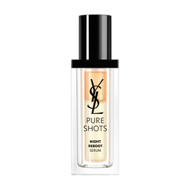 Pure Shots Night Reboot Serum in a clear bottle with a black cap, featuring the YSL logo.