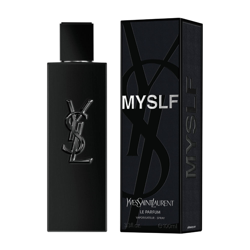 A matte black MYSLF Le Parfum bottle standing next to its textured black outer cardboard box.
