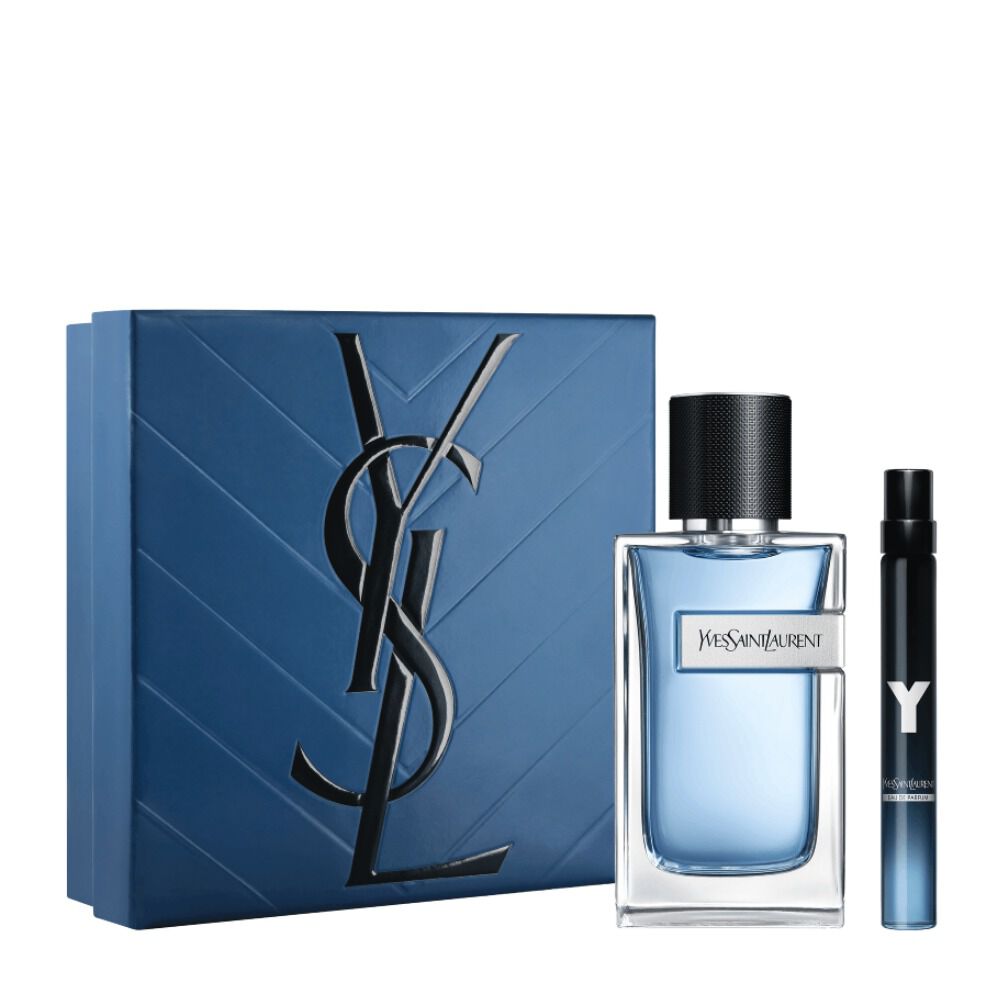 YSL Y Eau de Toilette Duo Spring Set with blue gift box, Y Eau de Toilette 100 ml bottle and 10 ml travel spray on a white background.