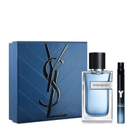 YSL Y Eau de Toilette Duo Spring Set with blue gift box, Y Eau de Toilette 100 ml bottle and 10 ml travel spray on a white background.