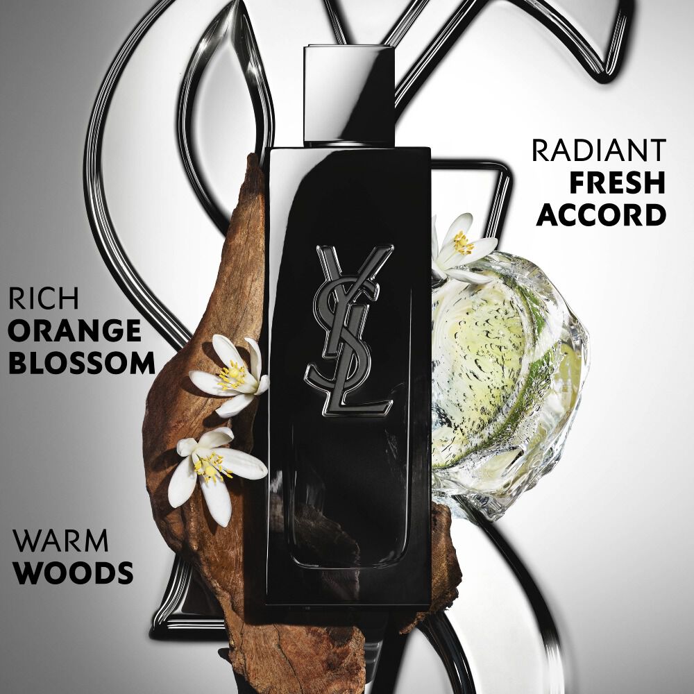 MYSLF Eau de Parfum bottle by YSL Beauty surrounded by fresh bergamot, orange blossom and woods with claims.