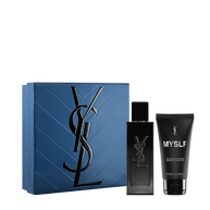 YSL MYSLF Eau de Parfum Routine Spring Set with blue gift box, MYSLF EDP 60 ml bottle and MYSLF shower gel 50 ml on a white background.