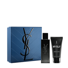 YSL MYSLF Eau de Parfum Routine Spring Set with blue gift box, MYSLF EDP 60 ml bottle and MYSLF shower gel 50 ml on a white background.