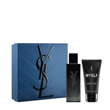 YSL MYSLF Eau de Parfum Routine Spring Set with blue gift box, MYSLF EDP 60 ml bottle and MYSLF shower gel 50 ml on a white background.