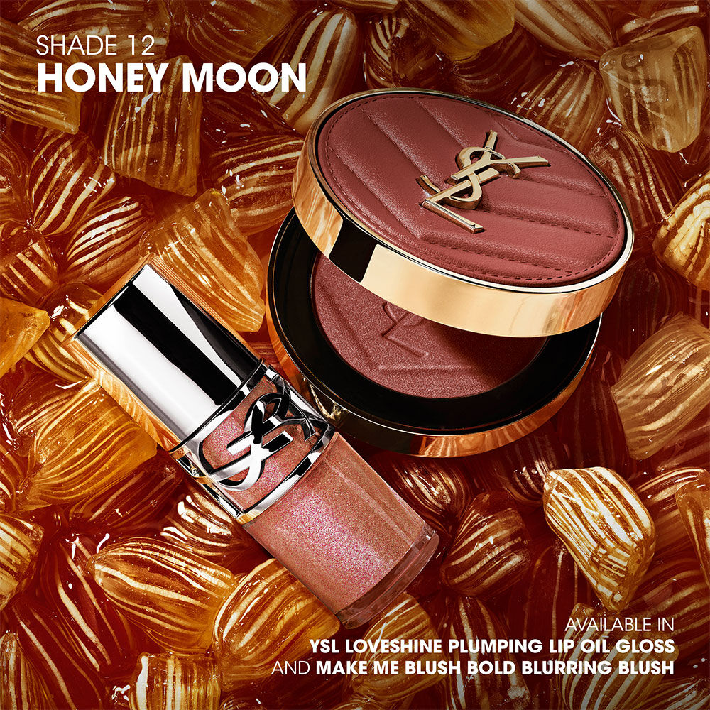 YSL LOVESHINE Plumping Lip Oil Gloss shade 10 and Make Me Blush shade 66, amidst vibrant pink heart-shaped sweets.