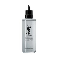 A front-facing studio photograph of the sleek, black glass MYSLF Eau de Parfum bottle.