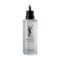A front-facing studio photograph of the sleek, black glass MYSLF Eau de Parfum bottle.