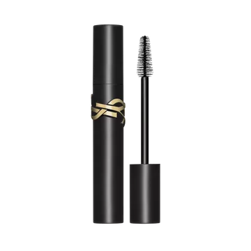 Lash Clash Mascara, open and closed, showcasing the black tube and brush with the gold YSL logo.