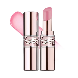 YSL LOVESHINE Candy Glow lipstick in shade 1B Pink Sunrise, shown open and closed, highlighting its luxurious design.