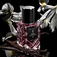 YSL Muse extrait de parfum bottle with white flowers and vanilla pods on black background.