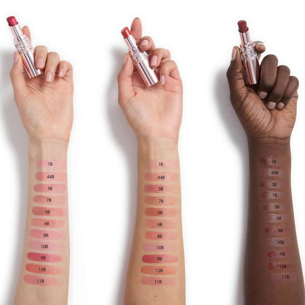 YSL LOVESHINE CANDY GLOW lip balm arm swatches displayed on multiple skin tones.
