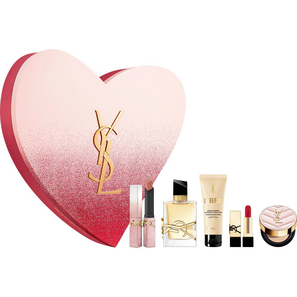 YSL premium Valentine's Day set: heart box, The Slim, LIBRE Eau de Parfum, body balm, RPC, Touche Eclat Glow-Pact Cushion