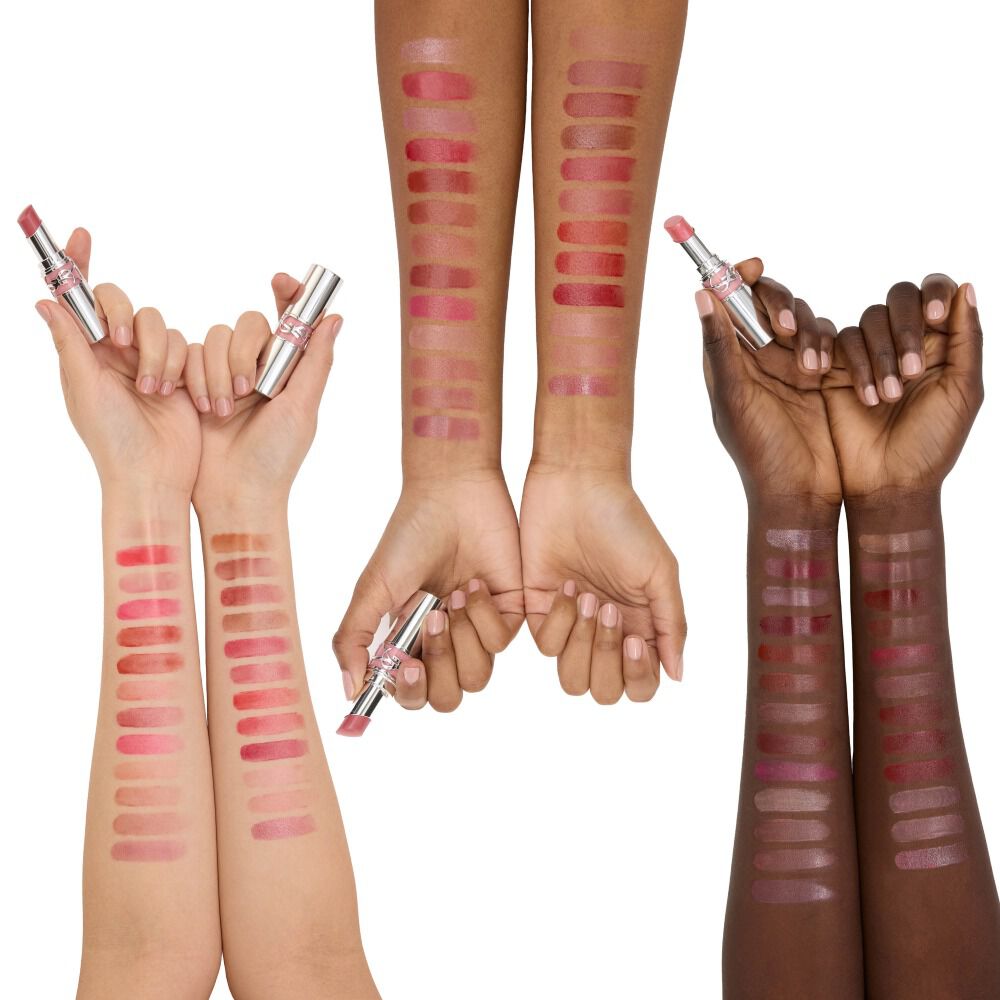 YSL Loveshine lipstick texture swatches showing all 26 shades with shade names and numbers on arms, against a white background.