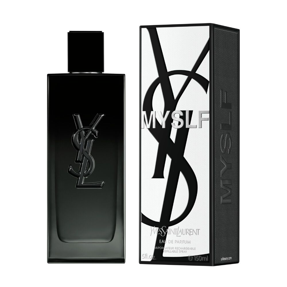 The MYSLF Eau de Parfum bottle standing next to its black outer packaging featuring a large embossed YSL logo.
