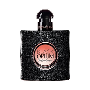 Black Opium Eau de Parfum in a black glitter bottle with a pink center, featuring the YSL logo.