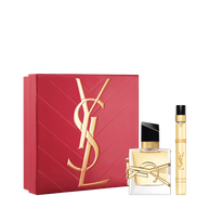 YSL Libre Eau de Parfum Duo Spring Set with gift box, Libre Eau de Parfum 30 ml and 10 ml travel spray on a white background.