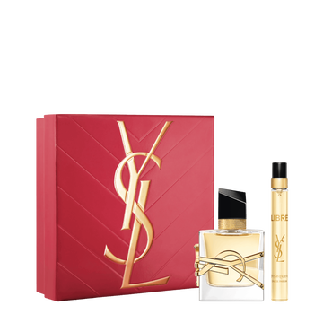 YSL Libre Eau de Parfum Duo Spring Set with gift box, Libre Eau de Parfum 30 ml and 10 ml travel spray on a white background.