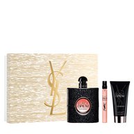 Black Opium Holiday gift set with 50ml and 10ml Eau de Parfum and 50ml body lotion, in a gold-toned box.