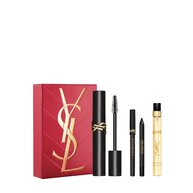 YSL Lash Clash Trio Spring Set with gift box, Lash Clash mascara, mini Lines Liberated and Libre Eau de Parfum 10 ml travel spray on a white background.