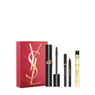 YSL Lash Clash Trio Spring Set with gift box, Lash Clash mascara, mini Lines Liberated and Libre Eau de Parfum 10 ml travel spray on a white background.