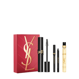 YSL Lash Clash Trio Spring Set with gift box, Lash Clash mascara, mini Lines Liberated and Libre Eau de Parfum 10 ml travel spray on a white background.