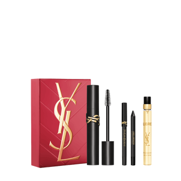 YSL Lash Clash Trio Spring Set with gift box, Lash Clash mascara, mini Lines Liberated and Libre Eau de Parfum 10 ml travel spray on a white background.