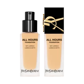 YSL All Hours Foundation bottles, Luminous Matte, one featuring a gold YSL logo detail on the cap and one without a cap.