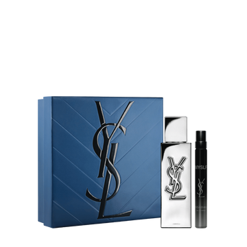 YSL MYSLF L’Absolu Duo Spring Set with blue gift box, MYSLF L’Absolu 40 ml bottle and MYSLF Eau de Parfum 10 ml travel spray on a white background.