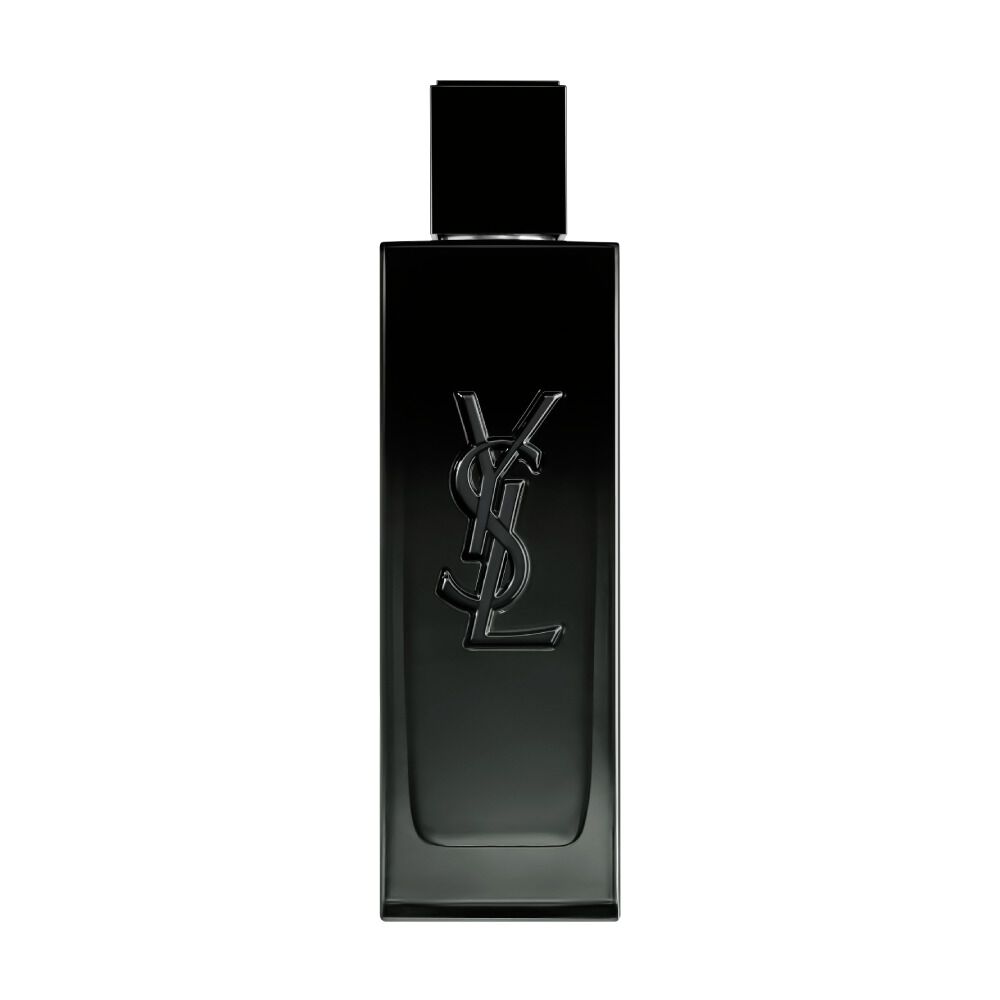 A front-facing studio photograph of the sleek, black glass MYSLF Eau de Parfum bottle.
