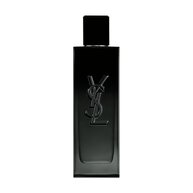 A front-facing studio photograph of the sleek, black glass MYSLF Eau de Parfum bottle.