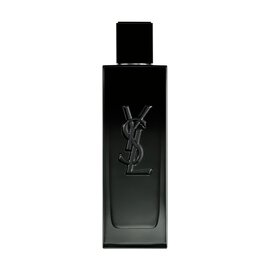 A front-facing studio photograph of the sleek, black glass MYSLF Eau de Parfum bottle.