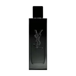 A front-facing studio photograph of the sleek, black glass MYSLF Eau de Parfum bottle.