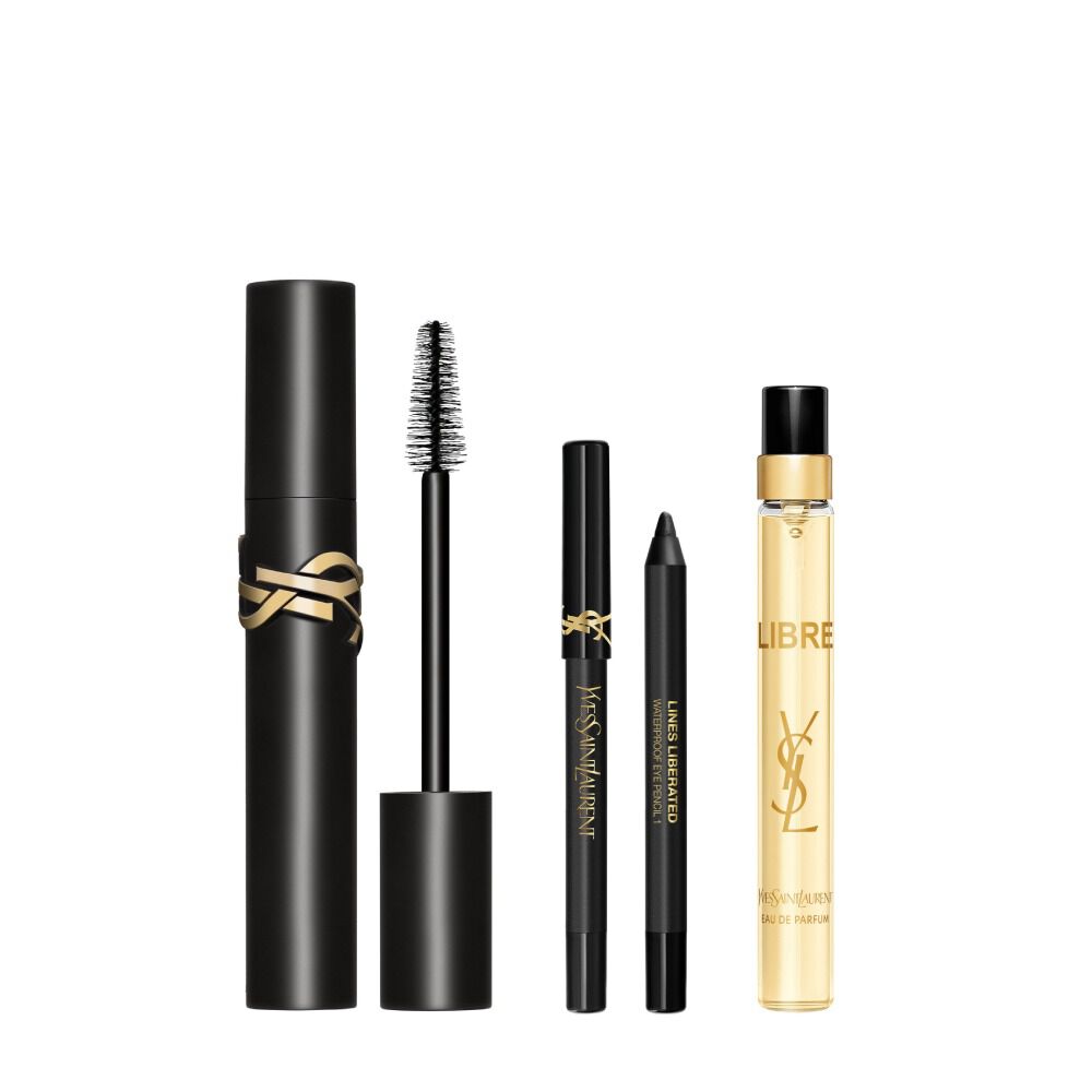 Lash Clash mascara with mini Lines Liberated beside Libre Eau de Parfum 10 ml travel spray on a white background.