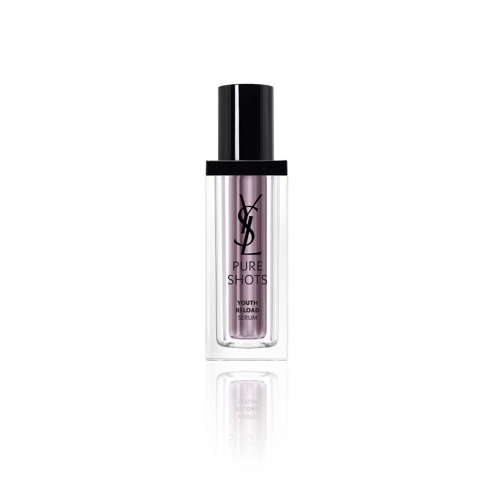 YSL Beauty Pure Shots Youth Reload Serum, 30ml, in a purple-tinted glass bottle with black pump, reflected on white.