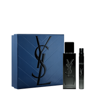 YSL MYSLF Eau de Parfum Discovery Spring Set with blue gift box, MYSLF EDP 40 ml bottle and 10 ml travel spray on a white background.