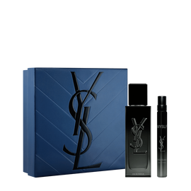 YSL MYSLF Eau de Parfum Discovery Spring Set with blue gift box, MYSLF EDP 40 ml bottle and 10 ml travel spray on a white background.