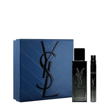 YSL MYSLF Eau de Parfum Discovery Spring Set with blue gift box, MYSLF EDP 40 ml bottle and 10 ml travel spray on a white background.