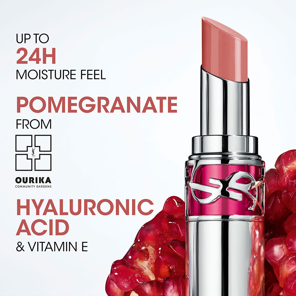 YSL LOVESHINE CANDY GLAZE lipstick with pomegranate extract, hyaluronic acid and vitamin E ingredient visual.