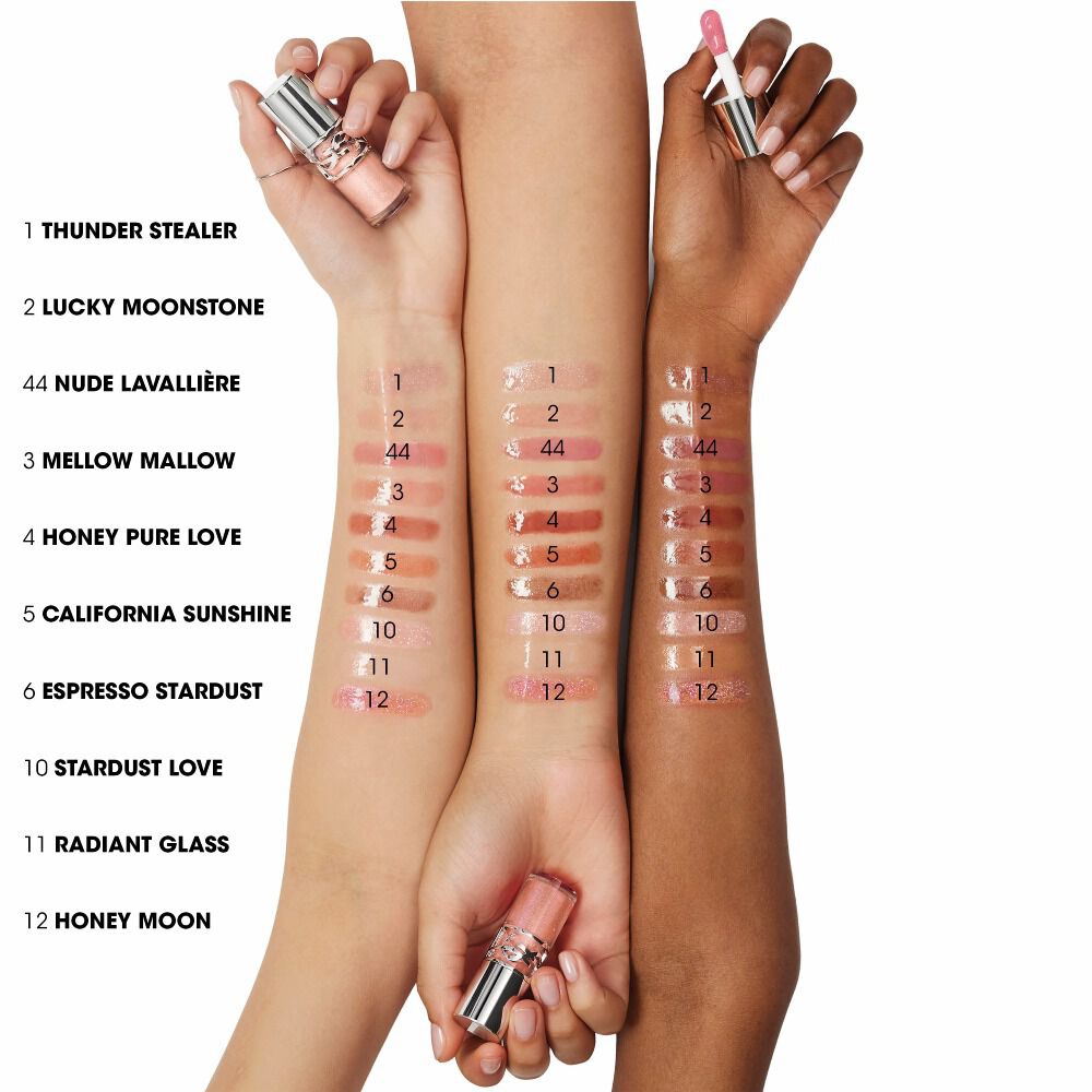 Three arms with YSL Loveshine Plumping Lip Oil Gloss shade swatches labeled 1–12, showing different tones on varied skin, with gloss applicator and product tubes on a white background.