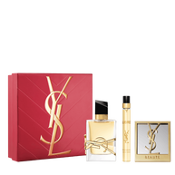 YSL Libre Trio Spring Set with gift box, Libre Eau de Parfum 50 ml, 10 ml travel spray and mirror on a white background.