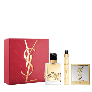 YSL Libre Trio Spring Set with gift box, Libre Eau de Parfum 50 ml, 10 ml travel spray and mirror on a white background.