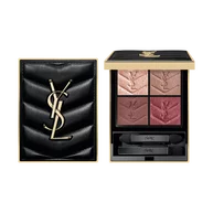 YSL Couture Mini Clutch eyeshadow palette in Over Brun, showcasing its luxurious quilted black case with gold YSL logo, open and closed.