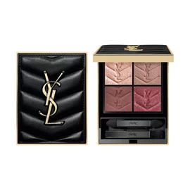YSL Couture Mini Clutch eyeshadow palette in Over Brun, showcasing its luxurious quilted black case with gold YSL logo, open and closed.