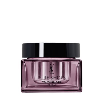 YSL Beauty Pure Shots Youth Reload Cream, 50ml, in a sleek purple-tinted glass jar with black lid, reflected on white.