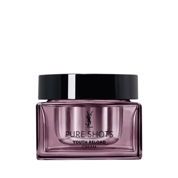 YSL Beauty Pure Shots Youth Reload Cream, 50ml, in a sleek purple-tinted glass jar with black lid, reflected on white.