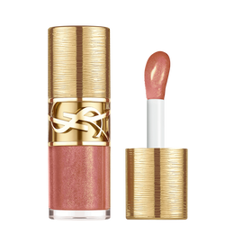 YSL Loveshine Plumping Lip Oil Gloss collector in shade 12, displayed open and closed, with textured gold finish.