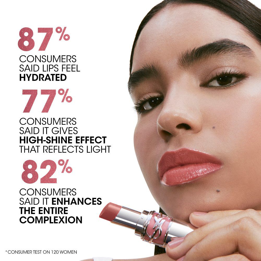 Model with glossy pink lips holding YSL Loveshine lipstick, with on-image claims about hydration, shine, and complexion enhancement.